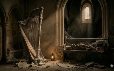 Del salón en el ángulo oscuro, olvidada y cubierta de polvo, veíase el arpa